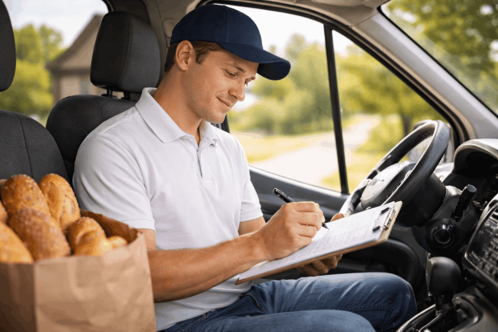 Verkaufsfahrer einer Bäckerei dokumentiert Kunden und Bestellungen während einer Verkaufstour im Lieferfahrzeug