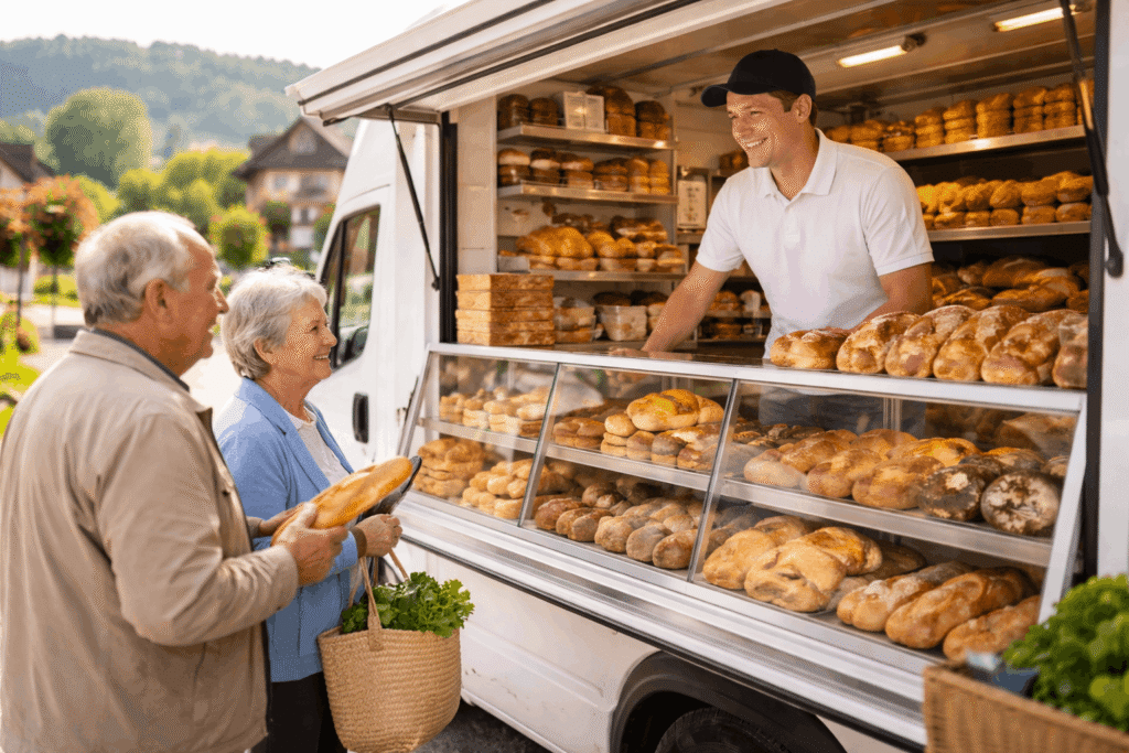 Bäckereiwagen mit Verkaufsfahrer und Kunden bei einer Verkaufstour im ländlichen Raum