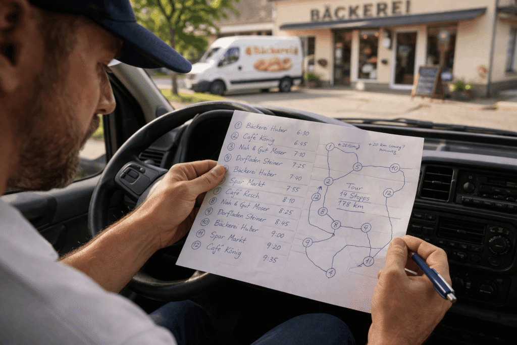 Verkaufsfahrer betrachtet handgezeichnete Verkaufstour mit vielen Stopps und ineffizienter Routenführung im Lieferfahrzeug