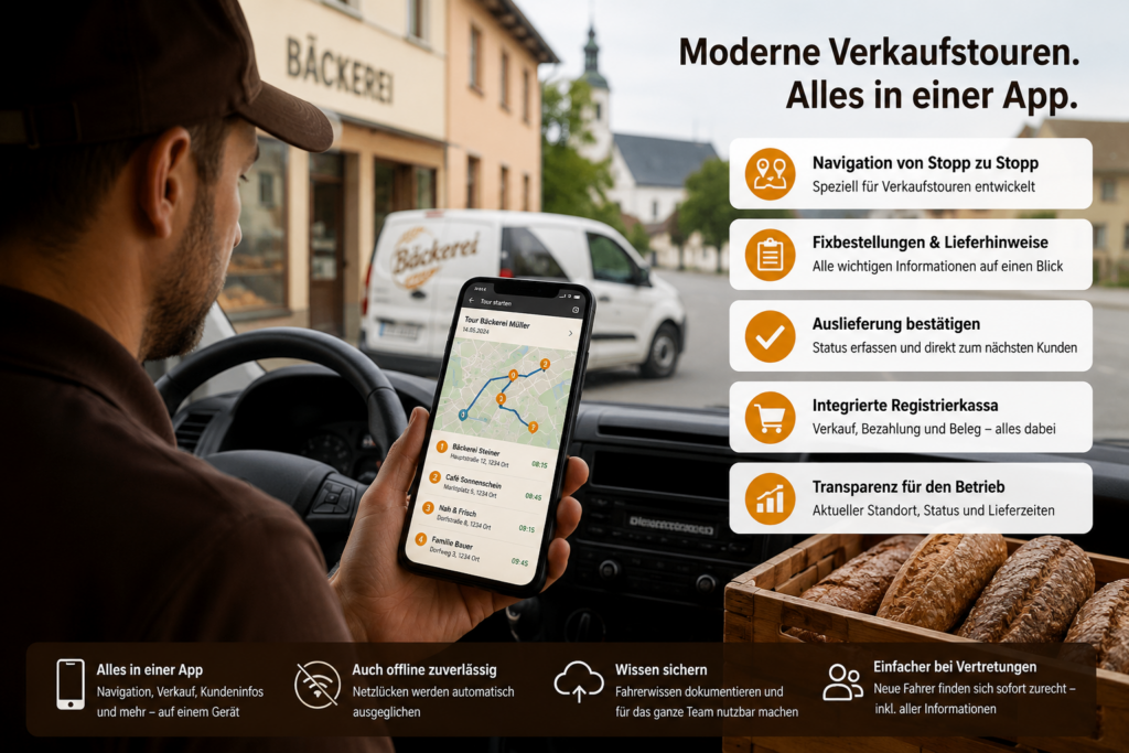 Verkaufsfahrer nutzt digitale Tourenplanung und Navigation in einer App während einer Verkaufstour einer Bäckerei