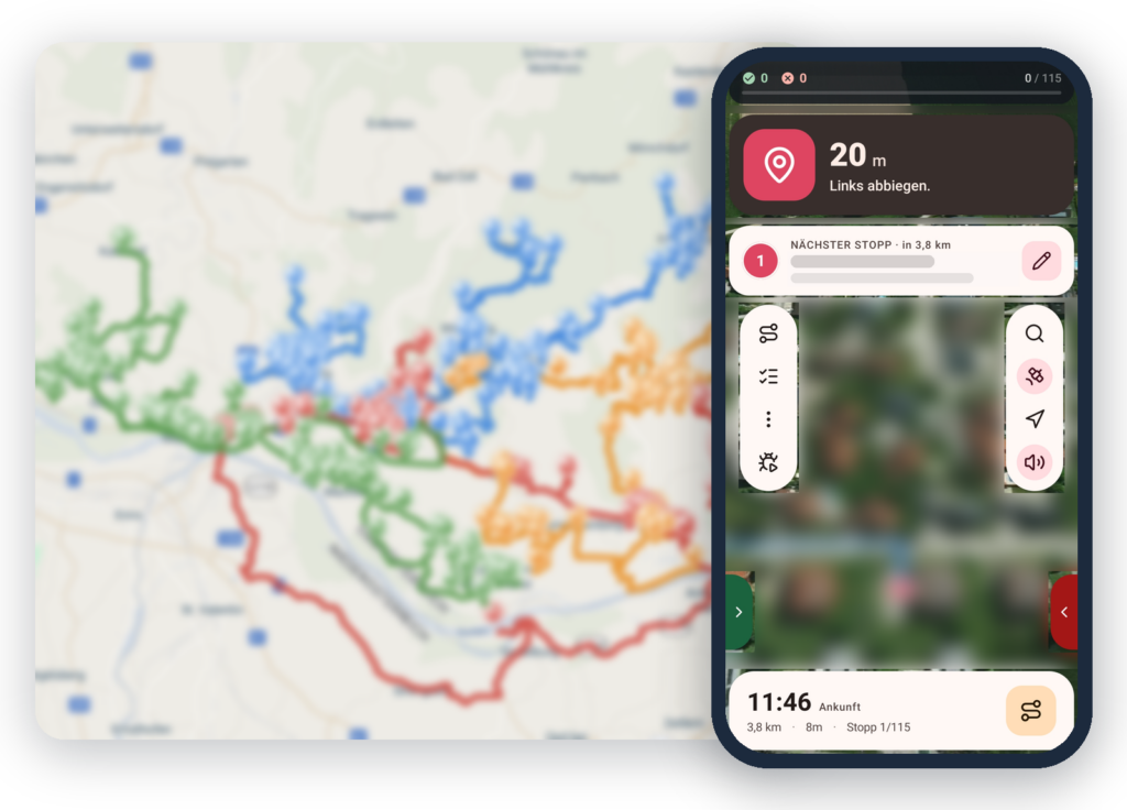 Tourenplanung & Navigation für Bäckereien GaiGo Tourenplanung im Büro mit mehreren Touren auf der Karte und Fahrer-App am Handy
